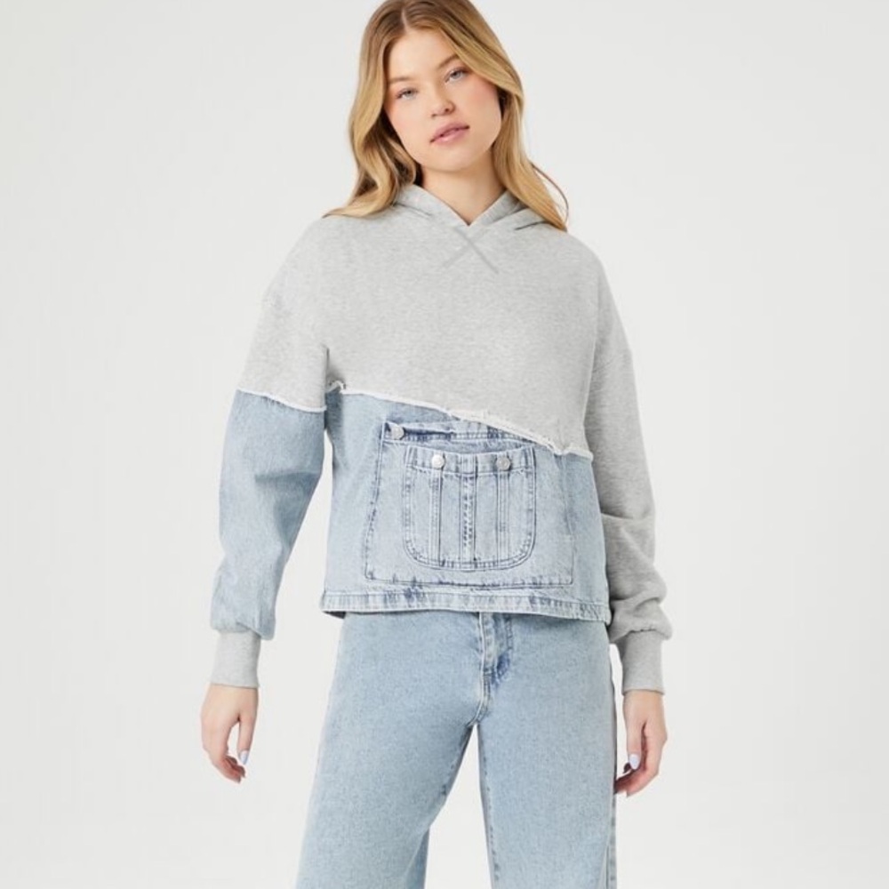FOREVER 21 REWORKED DENIM HOODIE - SMALL